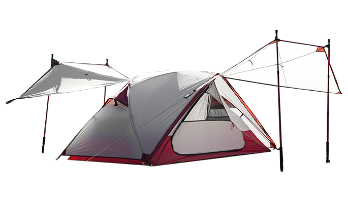 Tenda da trekking leggera con tendalini davanti e dietro
